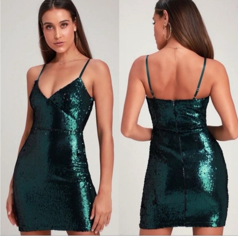 NWT LULUS Glisten To Me Sz Large Green Sequined Spaghetti Strap Short Dress